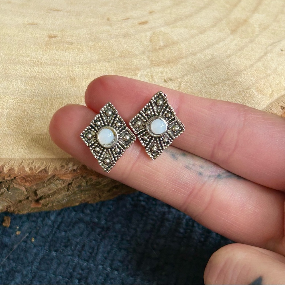 Diamond Shaped Unique Whimsigoth Rustic Stud Earrings CZ Faux Opal - Picture 4 of 4